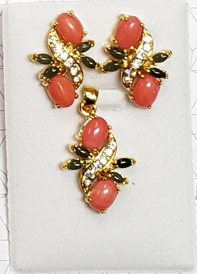 Pink Coral and Jade Cab Pendant Set with CZ Stones #PE-25P