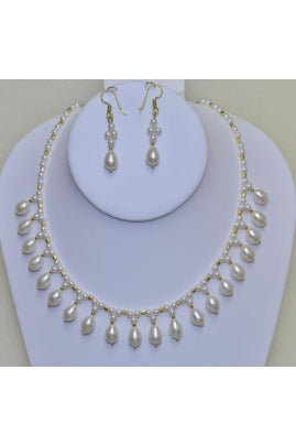 Pearl Drops with Pearl beads and Gold Plated beads Necklace Set # PDGB