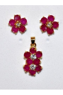 Ruby-Color Cubic Zirconia and White Cubic Zirconia Flower Shape Pendant and Earring Set RCF-1