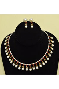 Side Drilled Pearl with Faceted Red Coral Necklace Set #SDPC-1