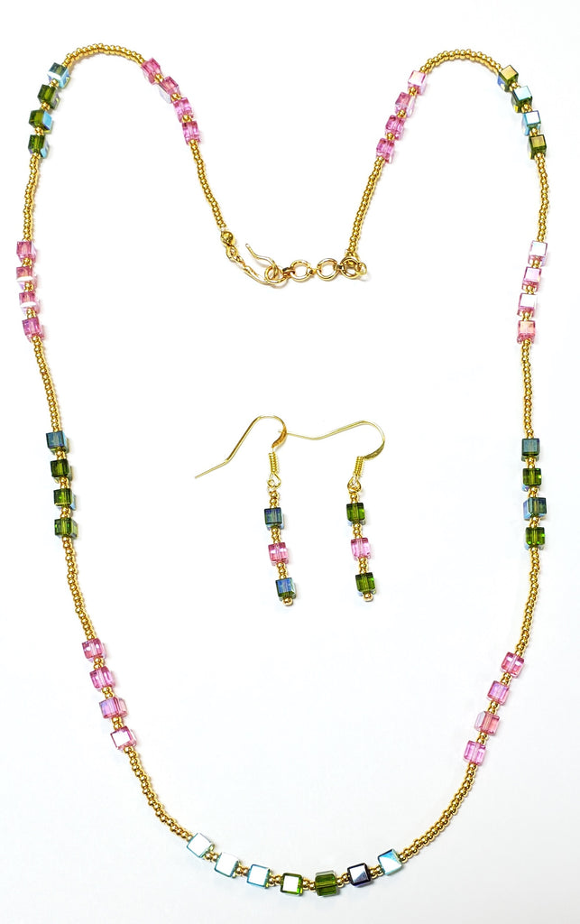 Multi-color Swarovski Cube Necklace Set with Gold-Plated Beads